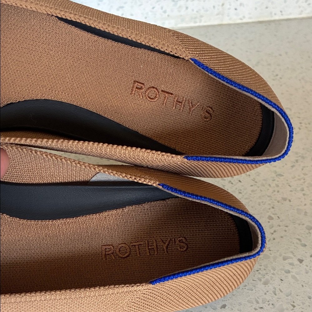 Rothy's Tan Pointed Flats with Blue Trim - Picture 4 of 8